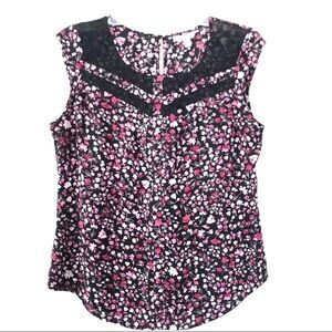 Candies Black & Pink Floral Sleeveless Top with lace inserts Size Medium